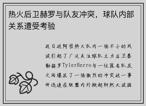 热火后卫赫罗与队友冲突，球队内部关系遭受考验